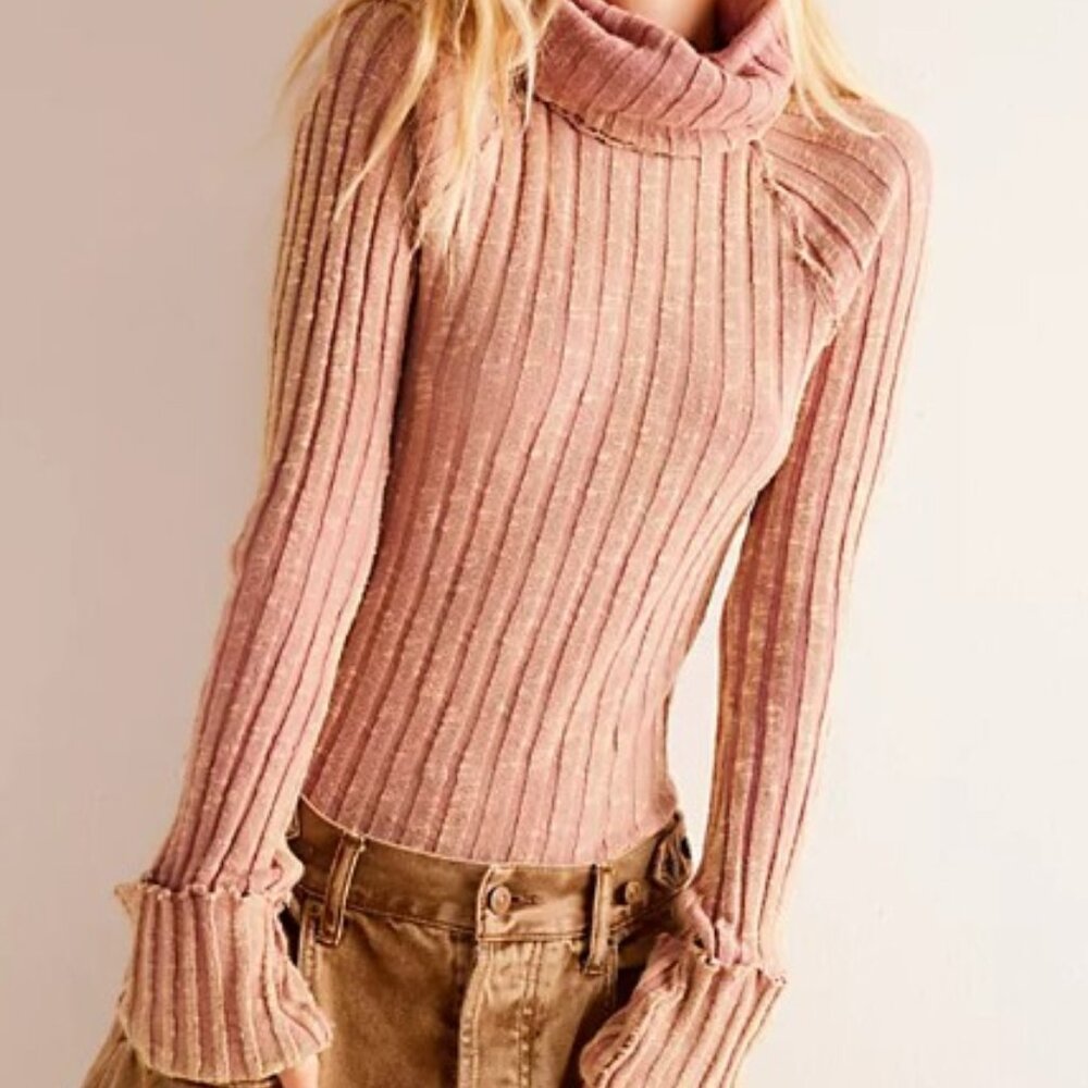 We The Free Free People Just You XL pink + tan distressed turtleneck sweater